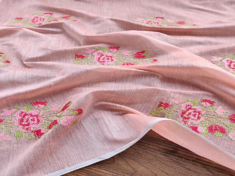 Peach Multicolour Flowers Embroidered Chanderi Fabric