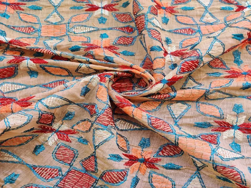 Peach Multicolour Kantha Work Flowers Embroidered Chanderi Fabric