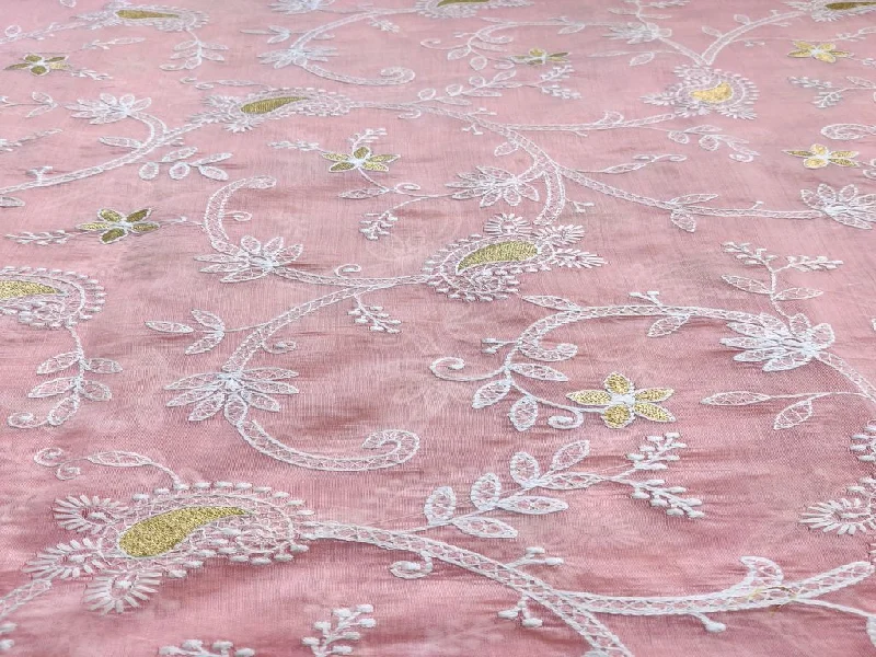 Peach Paisley Chikankari Embroidered Chanderi Fabric