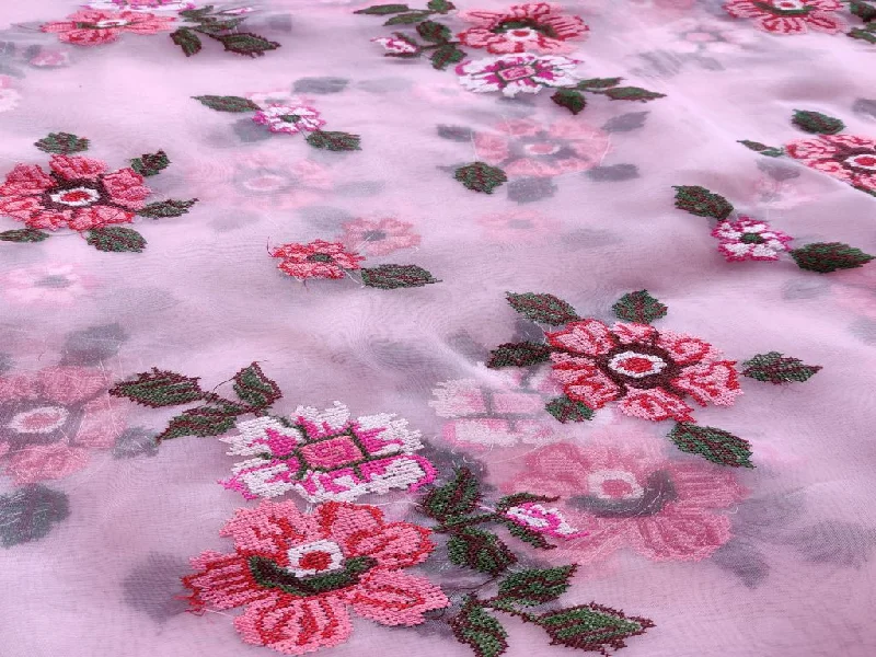 Pink Flowers Thread Embroidered Organza Fabric