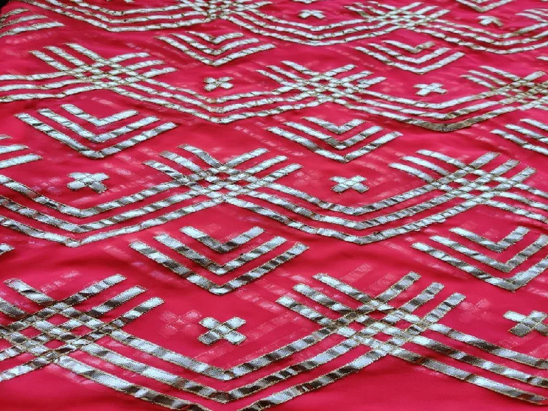 Pink Golden Gota Patti Geometric Embroidered Georgette Fabric