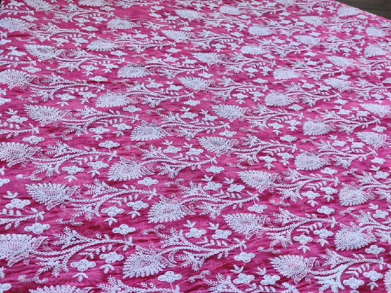 Pink White Flowers Chikankari Embroidered Chanderi Fabric