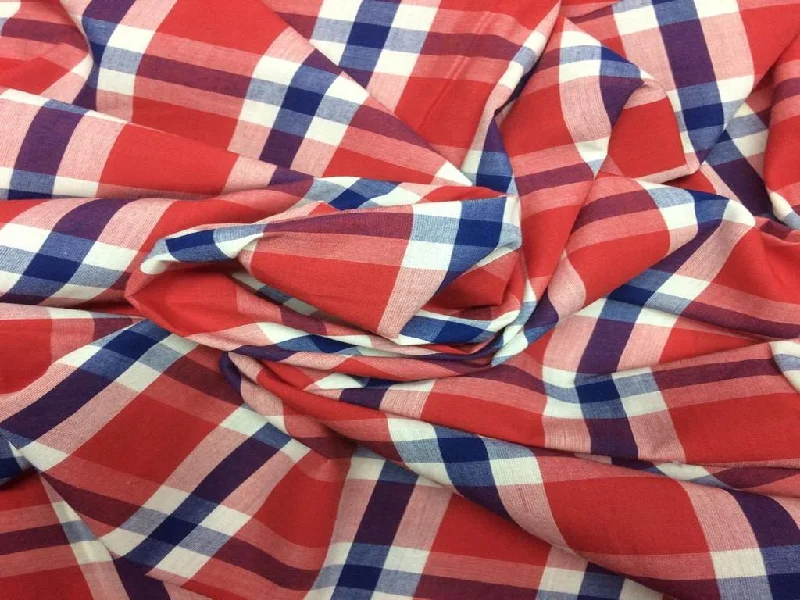 Red Blue Textured Checks Yarn Dyed Cotton Fabric