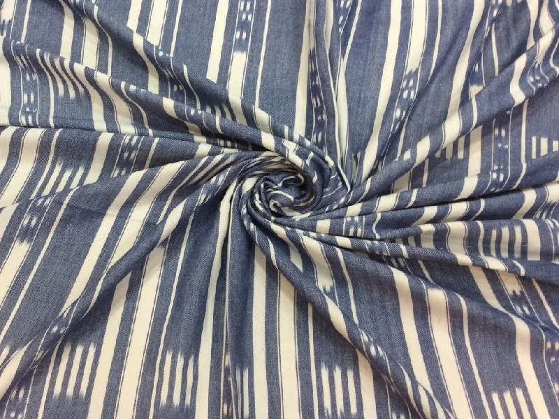 Blue White Designer Stripes Thick Pure Cotton Ikat Fabric