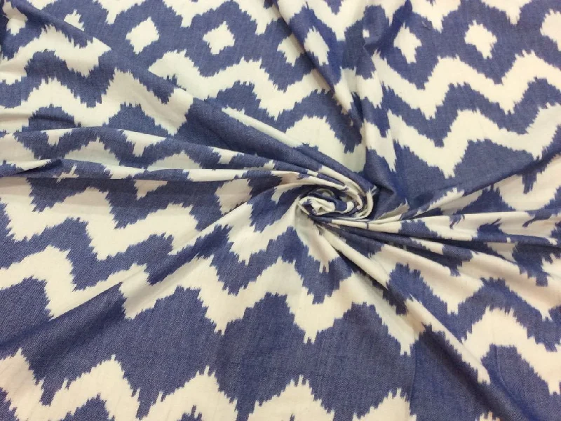 Blue White Geometric Chevron Thick Pure Cotton Ikat Fabric