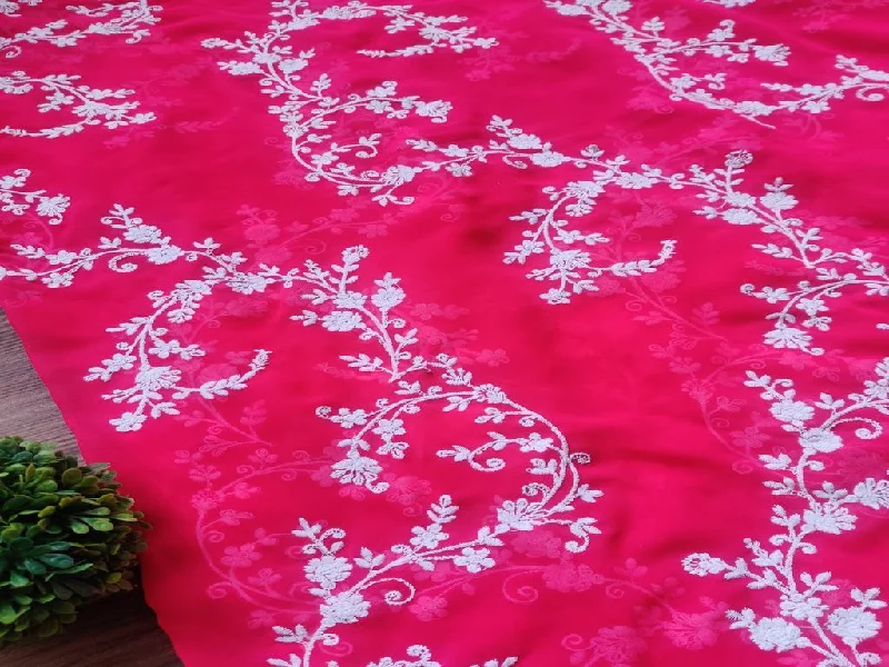 Magenta Pink White Flowers Chikankari Embroidered Georgette Fabric