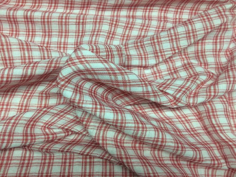 Red White Double Ikat Checks Pure Cotton Fabric