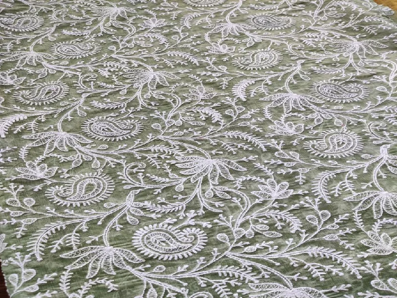 Sage Green Flowers Lakhnawi Embroidered Chanderi Fabric