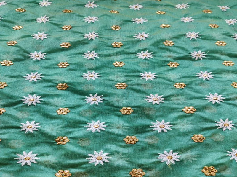 Sea Blue Lakhnawi Flowers Embroidered Chanderi Fabric with Mirror Work