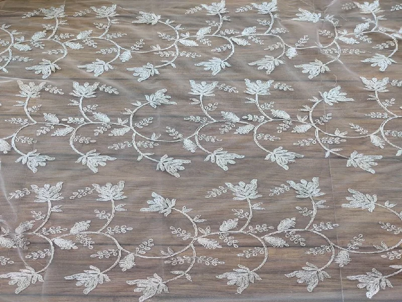 Silver Flowers Dori Jaal Embroidered Net Fabric