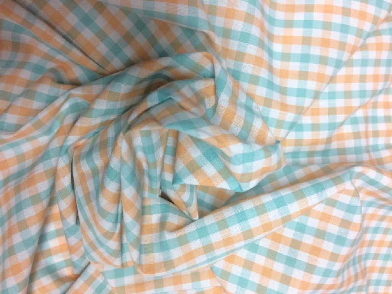 Light Blue Orange Plaid Checks Yarn Dyed Cotton Fabric