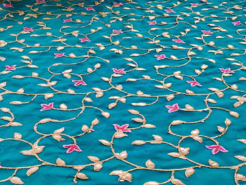 Teal Blue Golden Gota Patti Flowers Embroidered Georgette Fabric