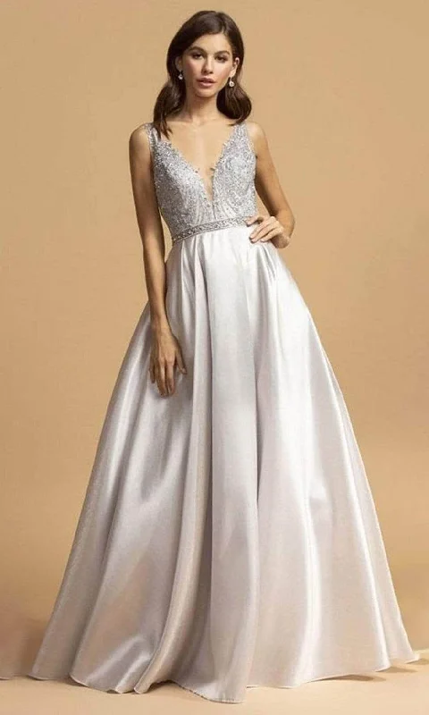 Trevi Collection - Appliqued V-Neck A-Line Prom Dress L2168