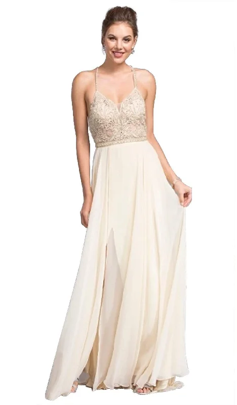 Trevi Collection - Beaded Halter V-neck Prom A-line Dress