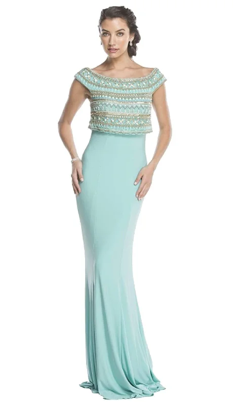 Trevi Collection - Bedazzled Bateau Neck Fitted Prom Dress