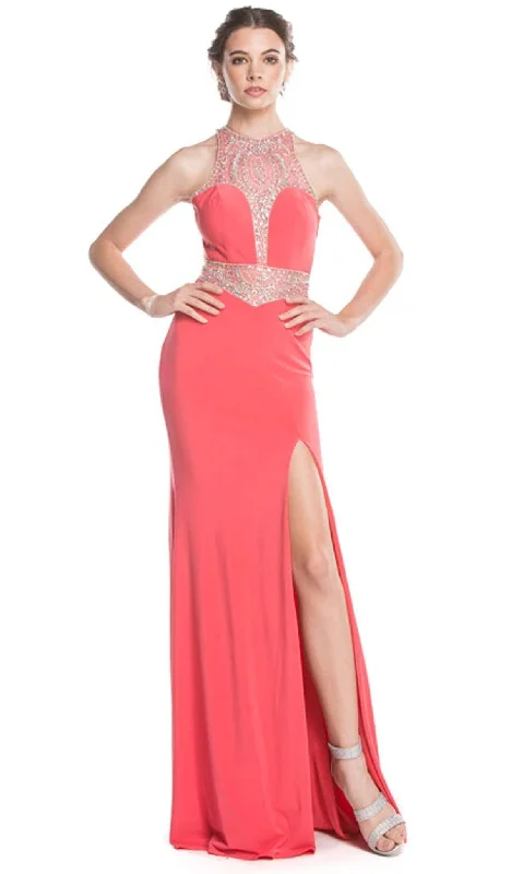 Trevi Collection - Bedazzled Halter Neckline Sheath Prom Dress