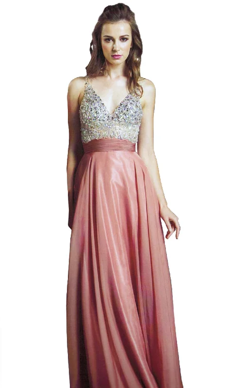 Trevi Collection - Bedazzled Sleeveless Deep V Neckline Prom Dress