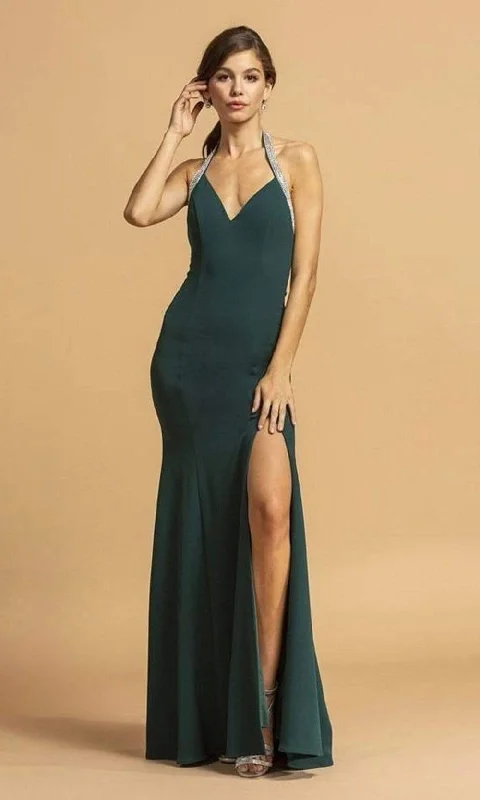 Trevi Collection - D289 Bejeweled Halter High Slit Dress