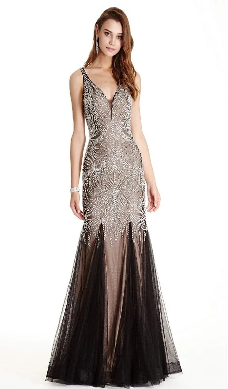 Trevi Collection - Dazzling Deep V-neck Trumpet Prom Dress