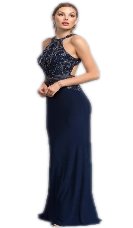 Trevi Collection - Dazzling Halter Neck Sheath Prom Dress