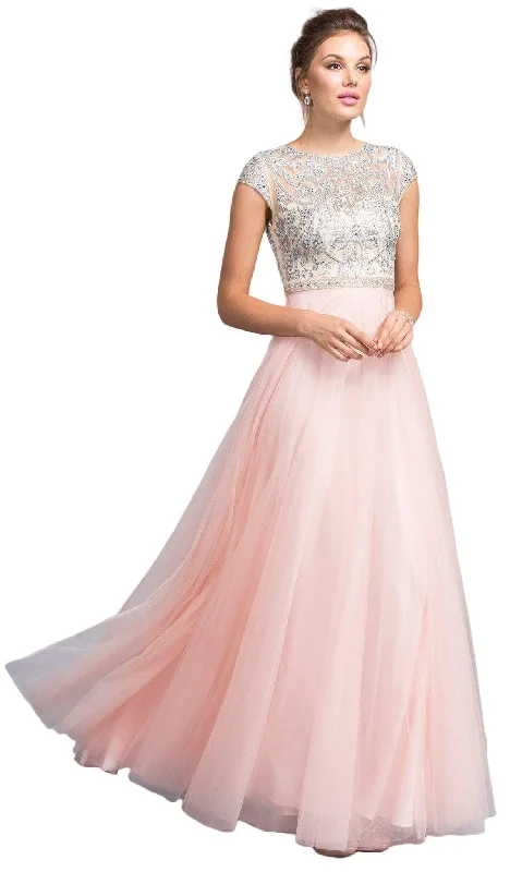 Trevi Collection - Embellished Cap Sleeve A-line Prom Dress