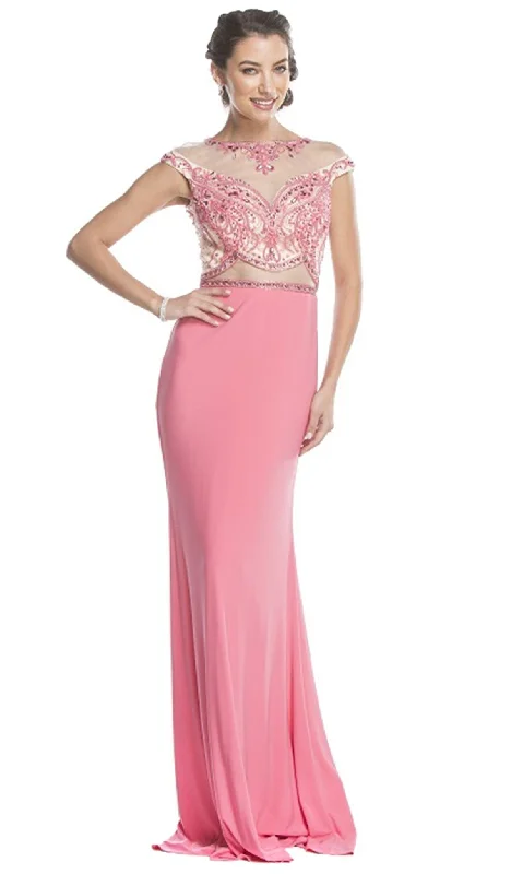 Trevi Collection - Embellished Cap Sleeve Affordable Prom Dress