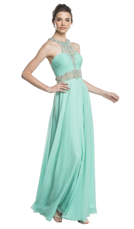 Trevi Collection - Embellished Halter Neck A-line Prom Dress