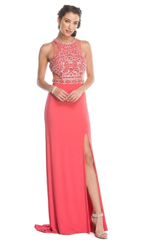 Trevi Collection - Embellished Halter-Prom Dress