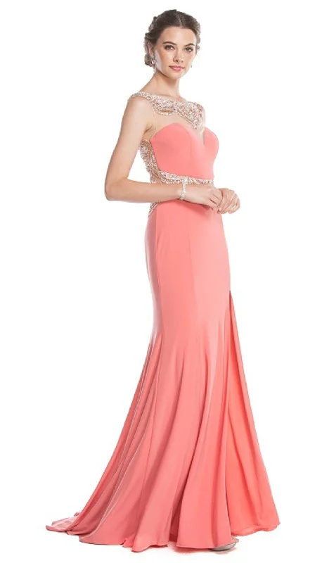 Trevi Collection - Embellished Illusion Bateau Fitted Prom Dress