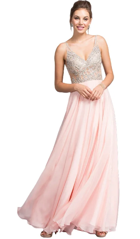 Trevi Collection - Embellished Plunging V-neck A-line Prom Dress