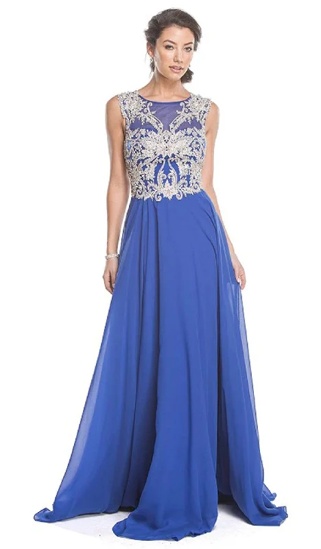 Trevi Collection - Embellished Sheer Bateau A-line Prom Dress