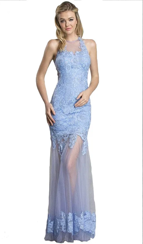 Trevi Collection - Illusion Applique Prom Dress L1432 - 1 pc Perry Blue In Size XS Available