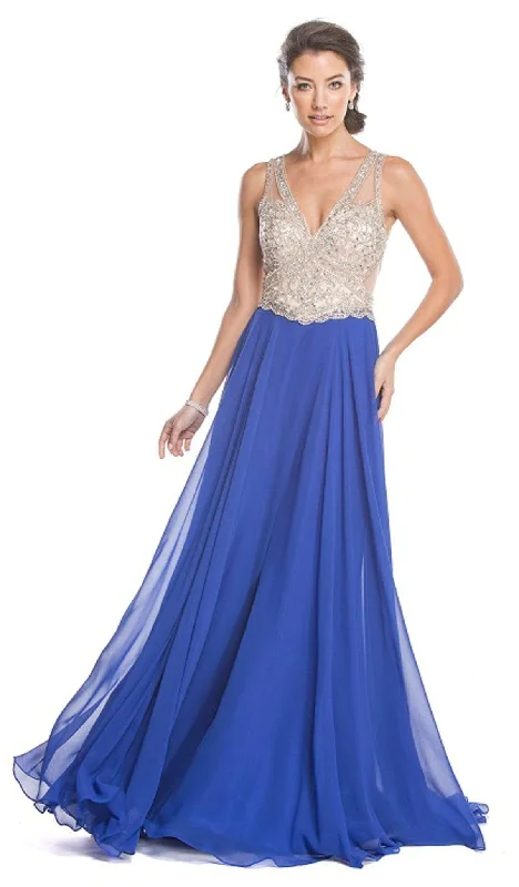 Trevi Collection - Jeweled Plunging V-neck Prom Dress