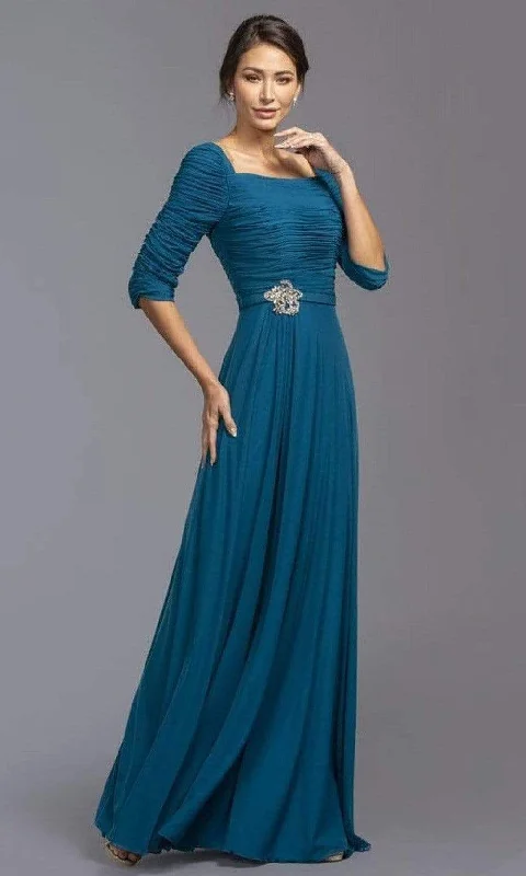 Trevi Collection - M2195 Shirred Brooch Accented Chiffon Dress