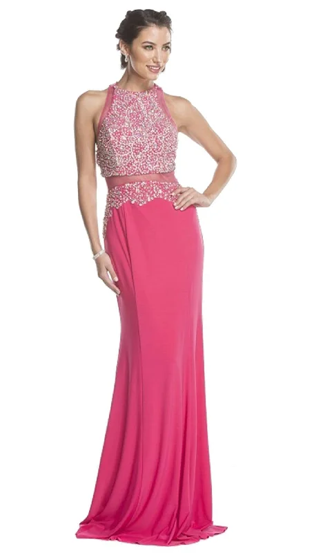 Trevi Collection - Mock Two Piece Jeweled Halter Prom Dress