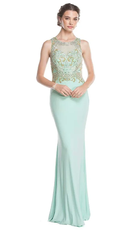 Trevi Collection - Sheer Jewel Neck Prom Sheath Dress