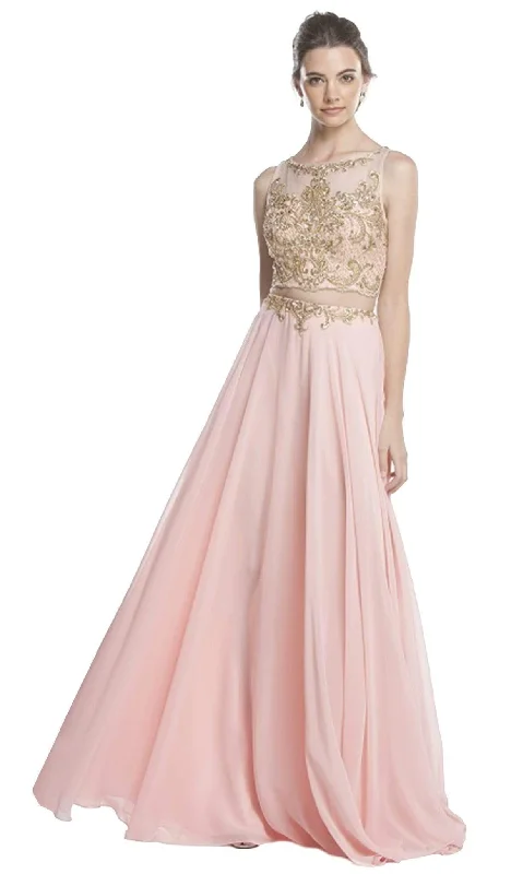 Trevi Collection - Sleeveless Sheer Bateau A-line Prom Dress