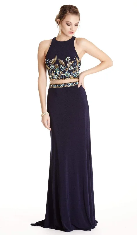 Trevi Collection - Two Piece Embroidered Halter Sheath Prom Dress