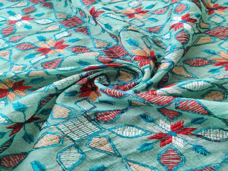 Turquoise Blue Geometric Flowers Embroidered Kantha Work Chanderi Fabric