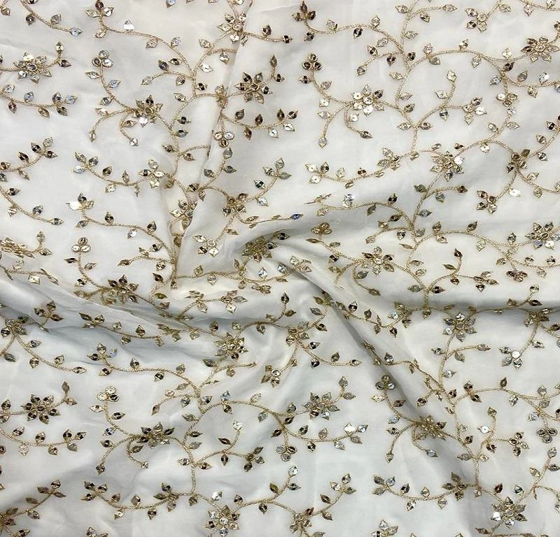 White Flowers Embroidered Dyeable Viscose Georgette Fabric