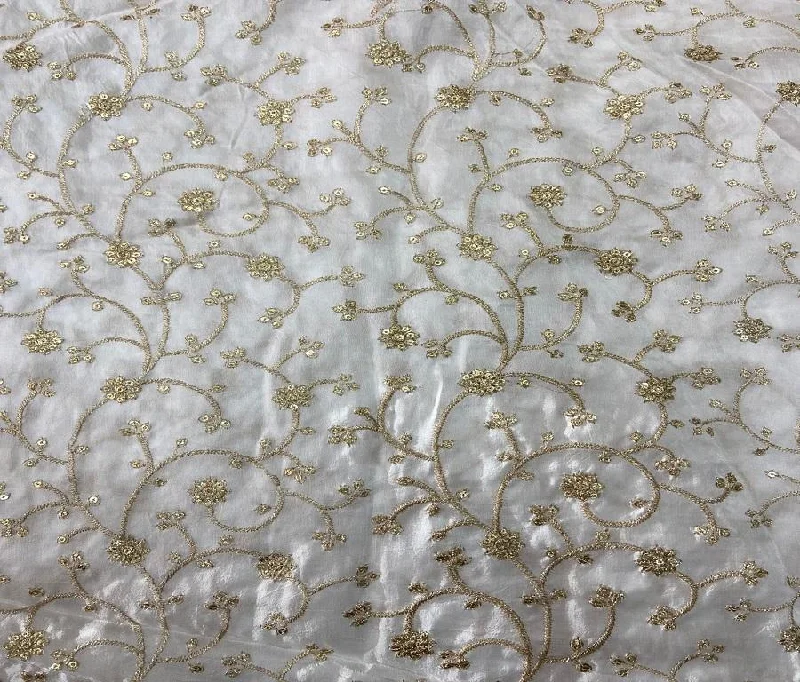 White Flower Embroidered Dyeable Viscose Uppada Silk Fabric