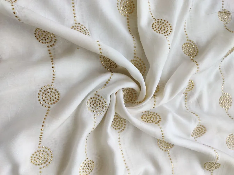 White Golden Geometric Golden Embellished Dots Dyeable Muslin Cotton Fabric