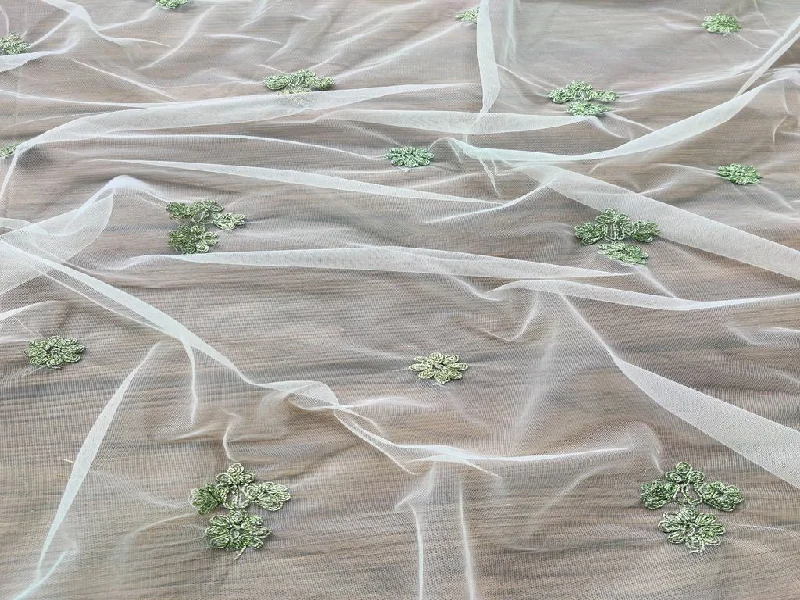 White Green Thread Flowers Embroidered Mono Net Fabric