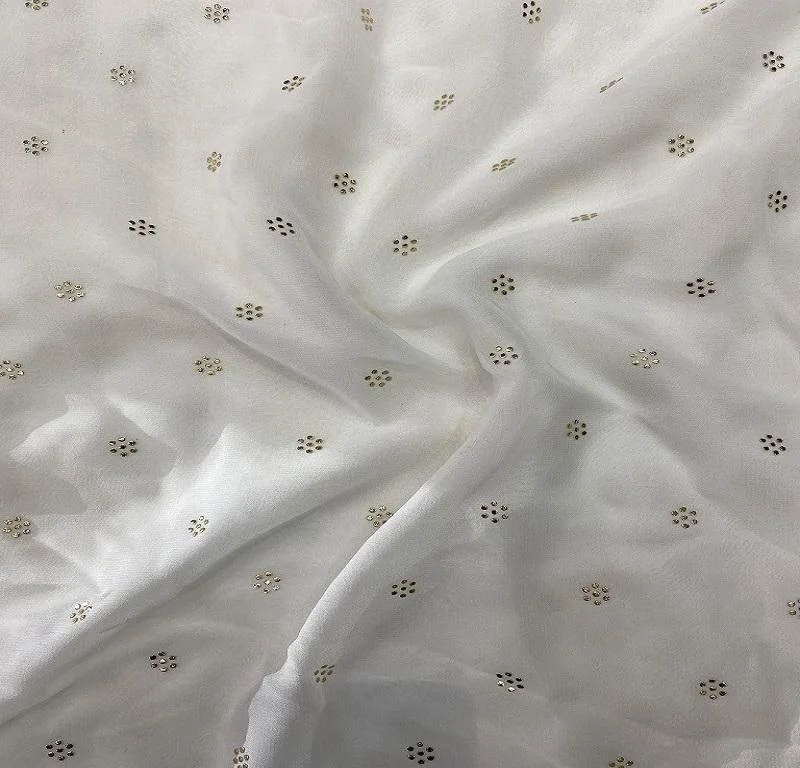 White Semi Mukaish Work Flower Butti Dyeable Pure Georgette Fabric