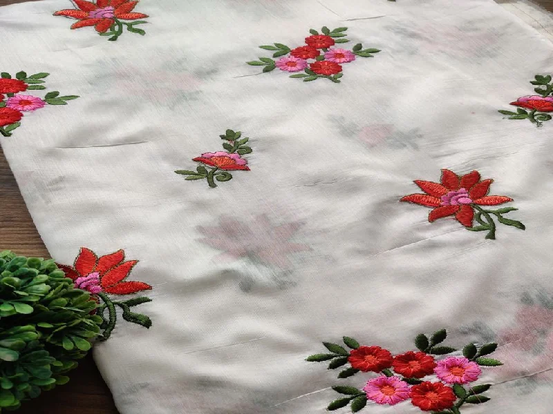 White Multicolored Flowers Embroidered Chanderi Fabric