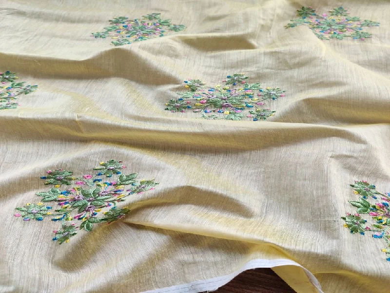 Yellow Multicolour Flowers Embroidered Chanderi Fabric