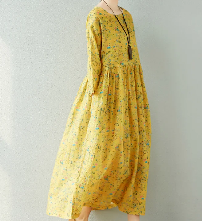 Yellow Floral  Linen loose Summer Women Dress SJ9201229