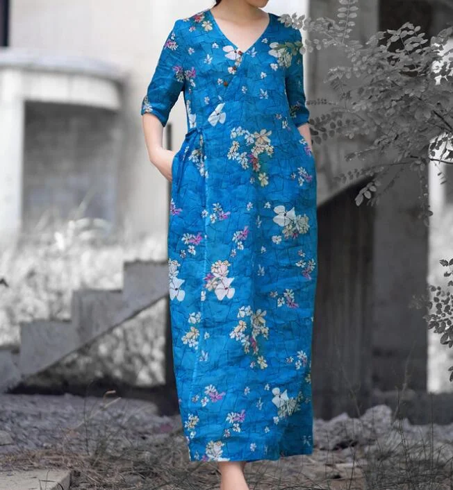 Floral Linen half Sleeve Dress Women Dress SJP9201229