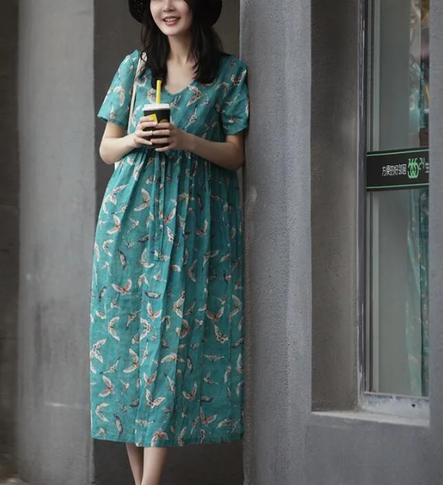 High Waist Floral  Linen Short  Sleeve Loose Dress Women Dress SJP9201229