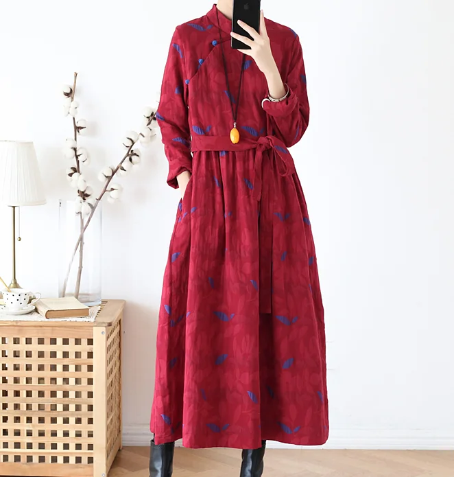 Floral Print Linen Cotton Loose Long Women Spring Dresses Plus Size With Waist Belt AMT962328